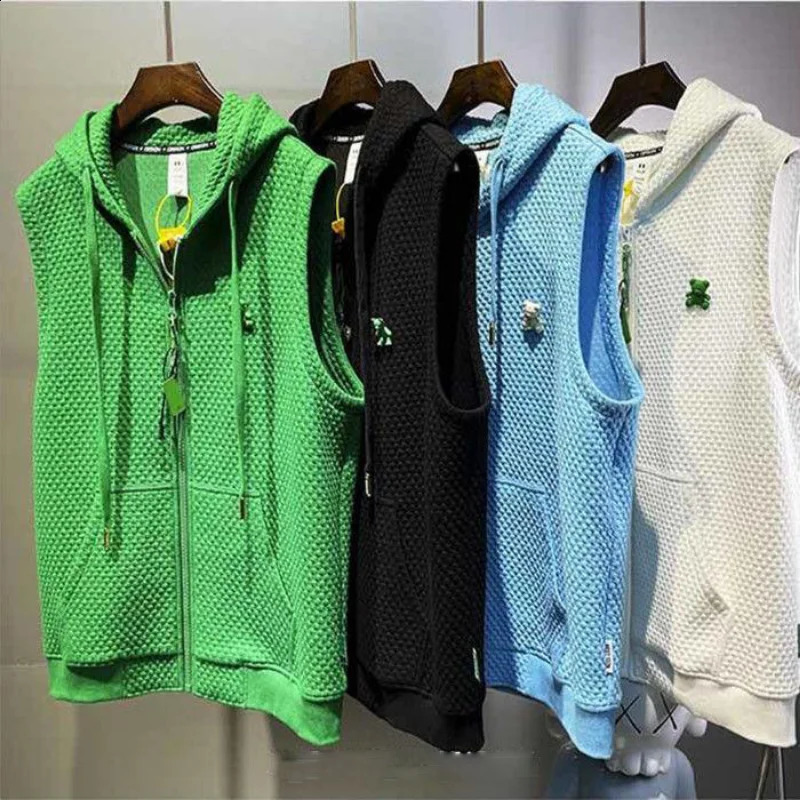 Mens Jacquard Vest Summer Sweater Sweater sans manches Veste de sport à glissière Solide Pocket DrawString Pull 240816