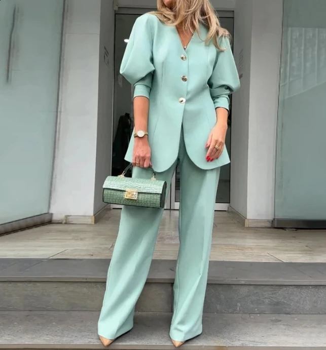 Womens Fashion Lantern Sleeves Loose Suit Coat Pants Set Temperament Commuting 2024 Spring Women Elegant Blazer Sets 240816
