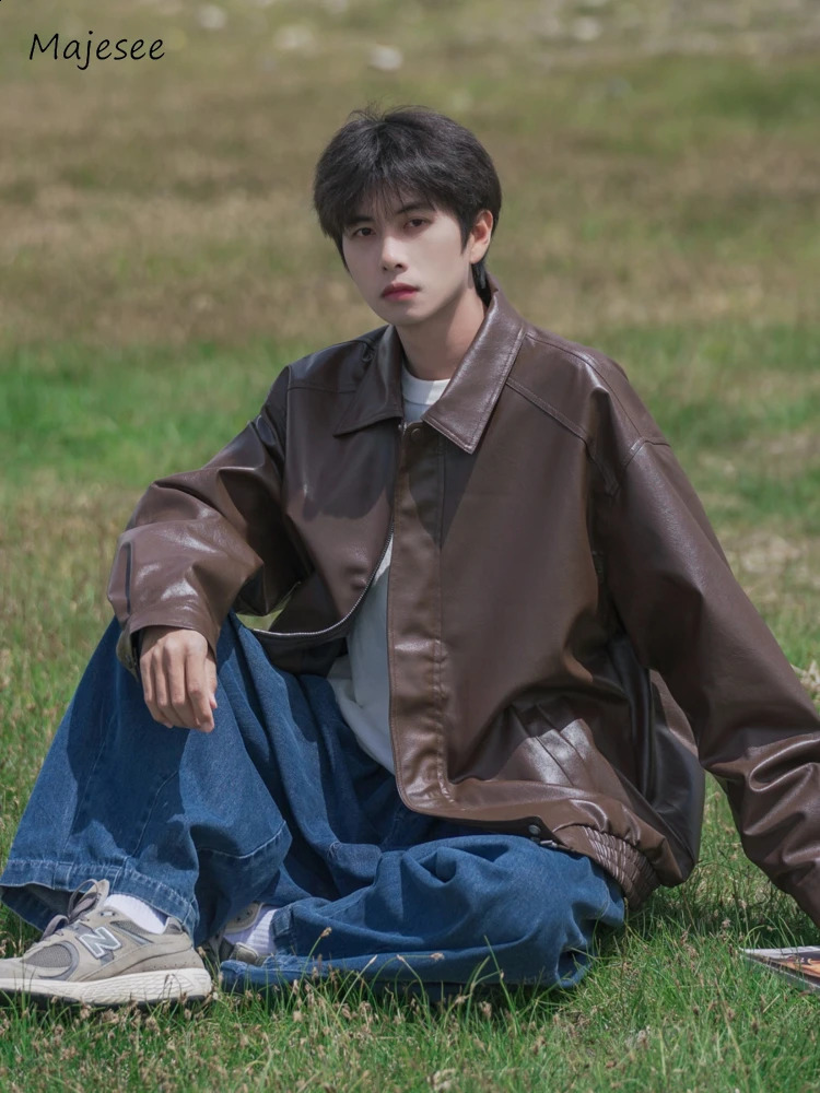 Jackets Men American Retro Y2k Pu-leather High Street All-match Fashion Hipster Overcoats Simple Harajuku Youthful Long Sleeve 240816