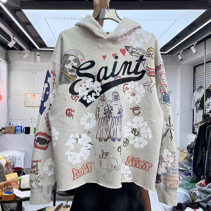 Autumn winter American mens hoodie high street retro SAINT letter hand painted graffiti loose hooded casual fashion trend Sweatshirts