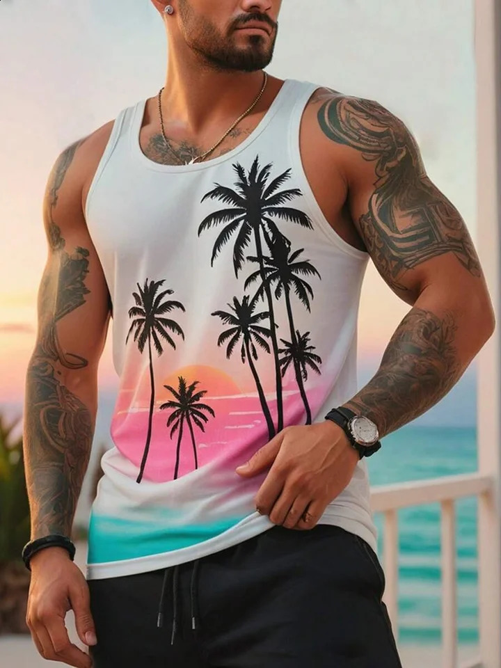 Coconut tree print Hawaiian casual fashion mens vest summer street mens vest outdoor sports mens sleeveless top 240816