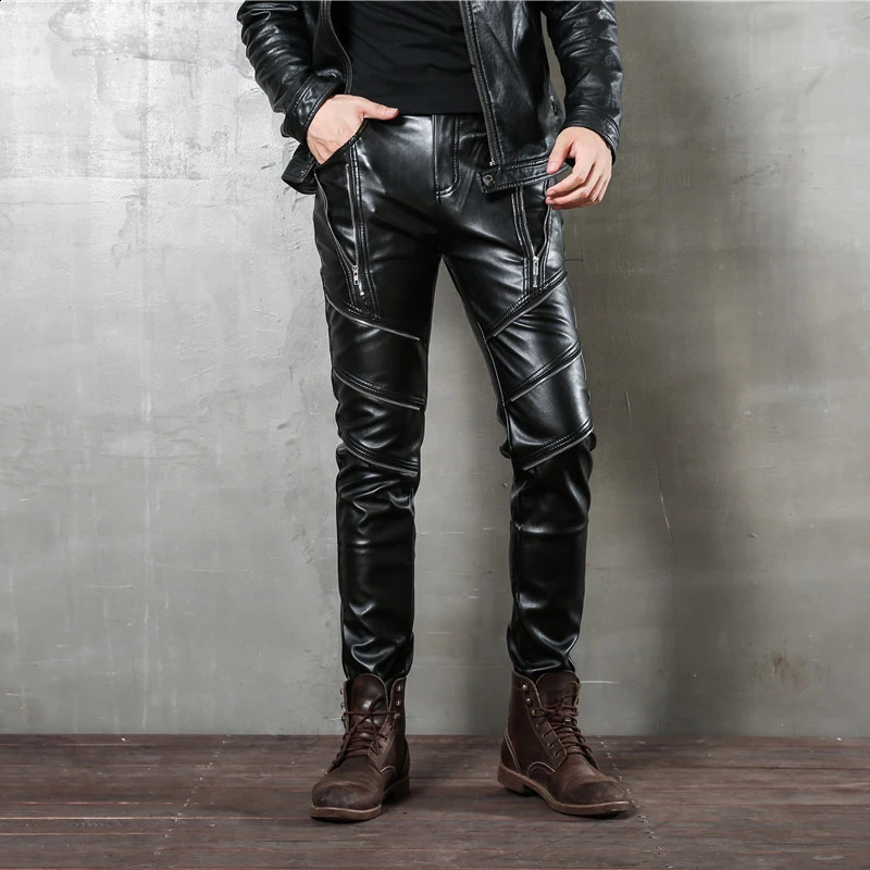 Idopy Mens Zipper Halloween Steampunk Zipper Pu Motorcycle Party Holiday Stage Performance Punk Artificial Leather Pants Jeans 240816