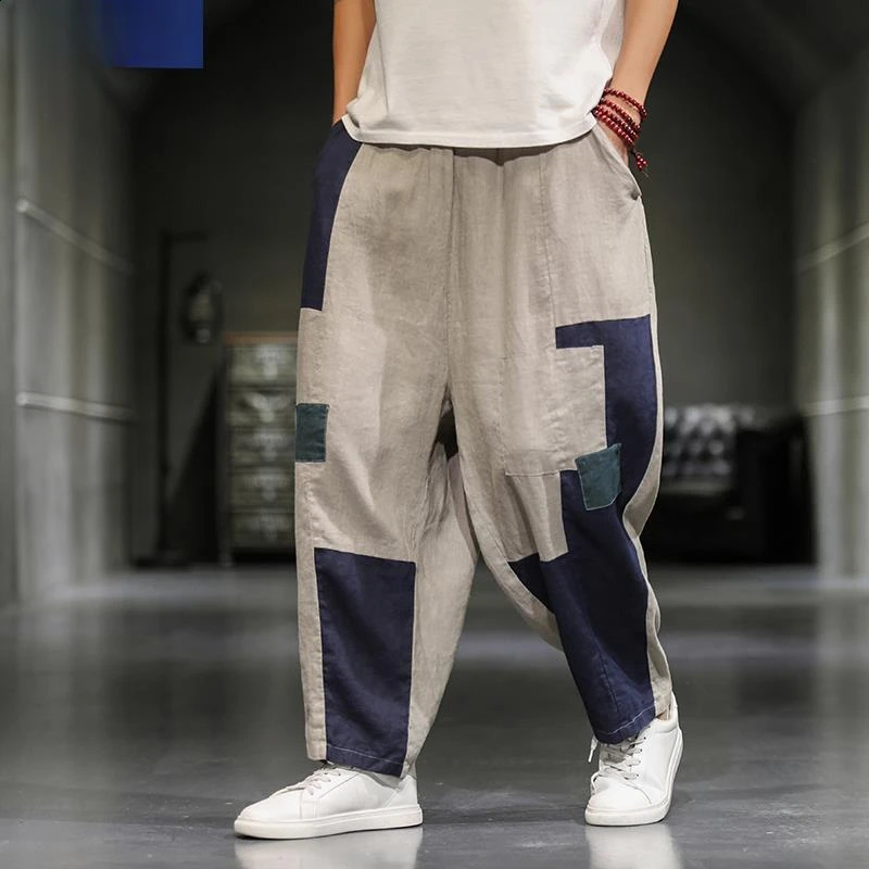 Mens China style retro cotton linen thin casual nine point pants linen patchwork work patch loose casual rabbit pants 240816