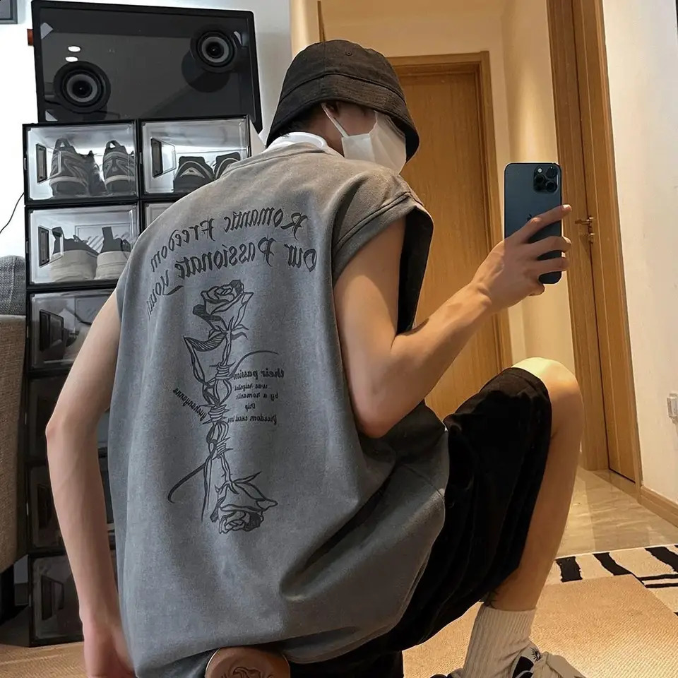 American retro minimalist rose vest mens Ins sportswear loose casual T-shirt summer vest Versatile top sleeveless clothes 240816