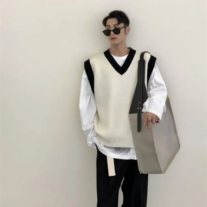 Man Clothes Patchwork Waistcoat Knitted Sweaters for Men Sleeveless Vest V Neck Beige Cotton Pull Oversize Old Fashion S X 240826