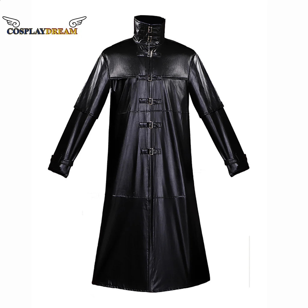 Mens retro black leather jacket trench coat medieval steampunk jacket long sleeved leather jacket Gothic workwear uniform 240816