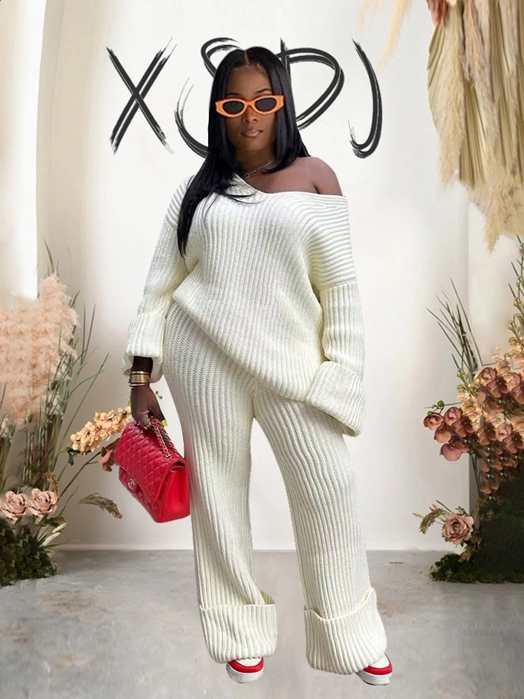 Coulet en tricot épais Ensembles d'hiver de couleur unie pour femmes 2 pièces à manches longues pull chaud pull et pantalon set en tenue lâche 24