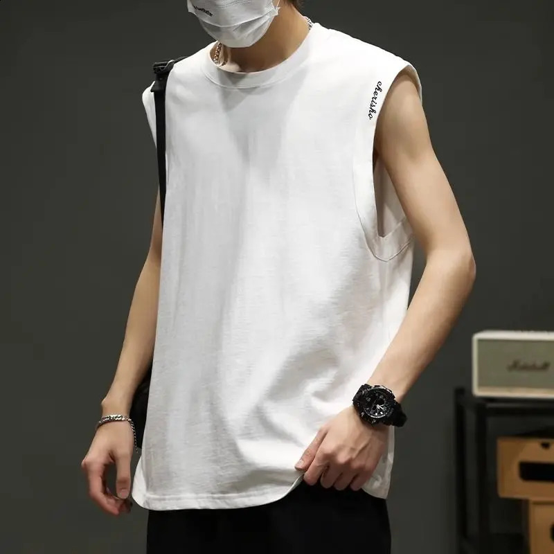 Korean Simple Solid Color Loose Tank Summer Sleeveless Solid Color Printed Letter T-shirt Top Casual Fashion Mens Wear 240816
