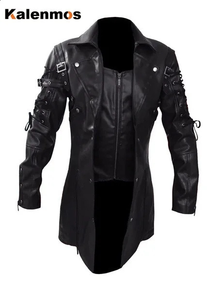 Veste punk pour hommes en cuir synthétique Pu Trench Veste de tranche gothique médiéval et automne veste de moto gothique rétro 240816