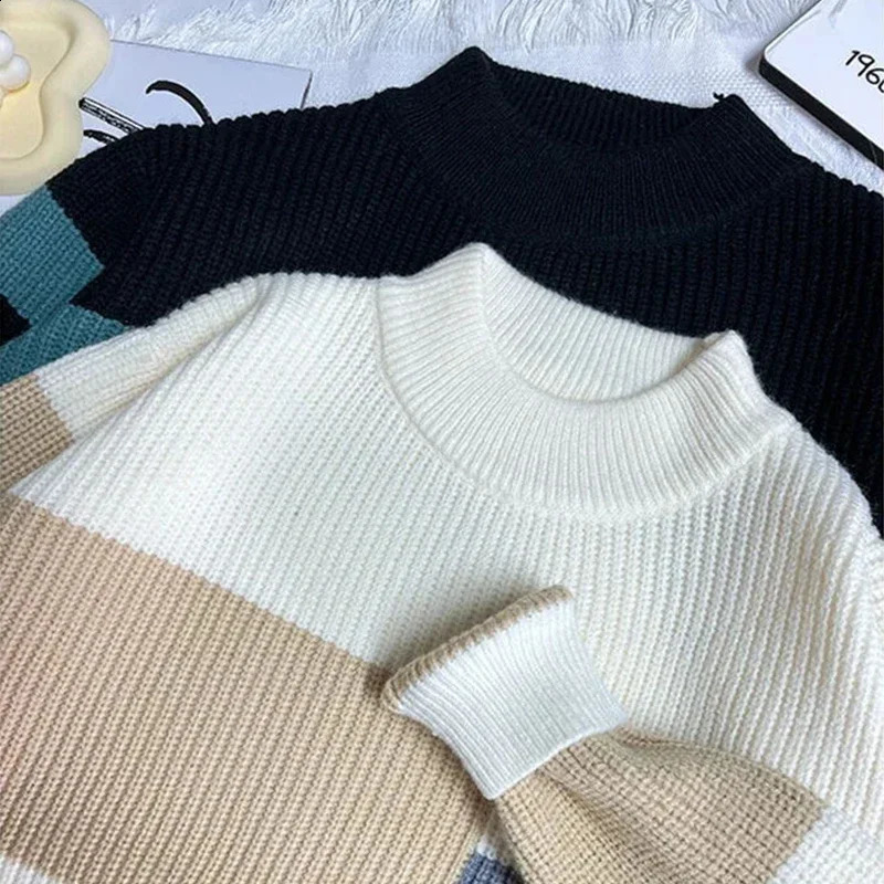 Autumn and Winter Mens Sweater Round Neck Loose Thick Knitted Shirt Trendy Top for Warmth 240816