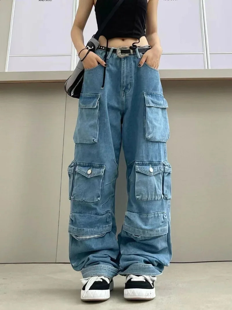 Pantalon de cargaison lavé en bleu multi-poche Y2K rétro High Street Fashion High Waist Jeans couple harajuku simple pantalon de jambe large déco