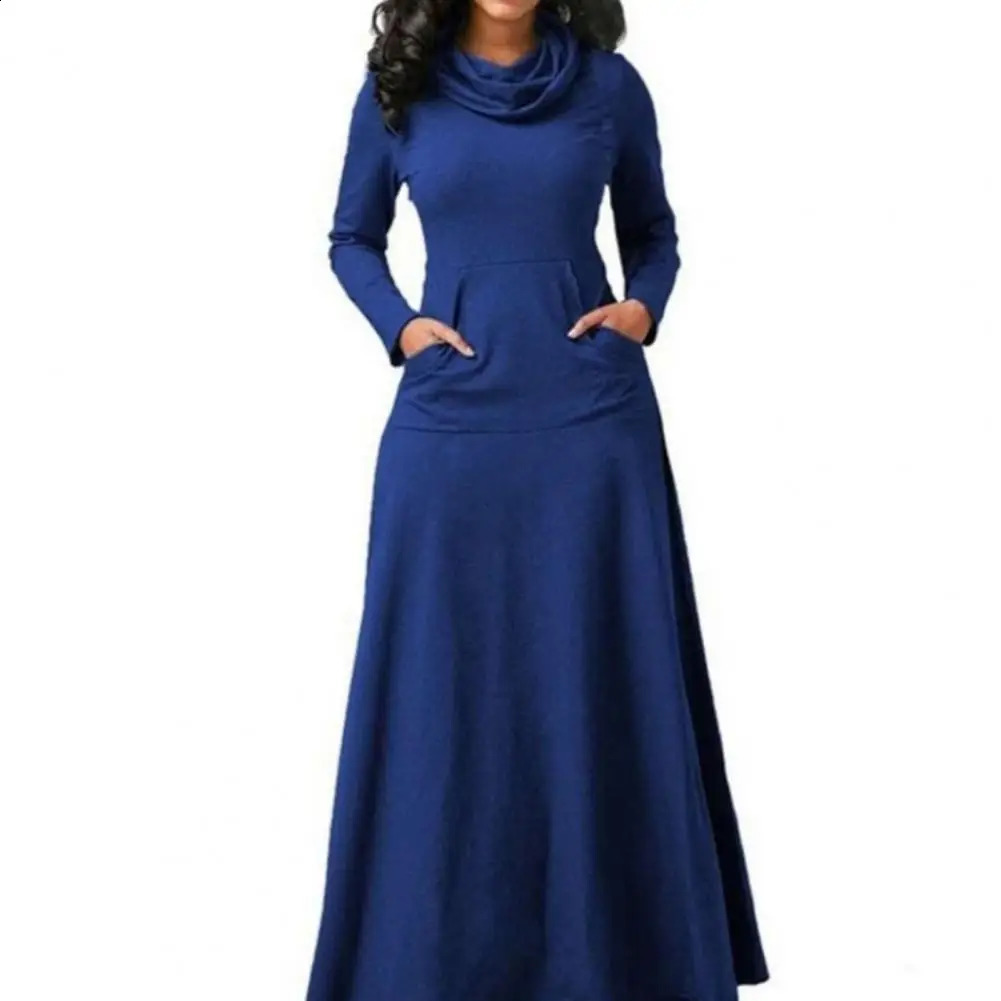 Taille 4xl Elegant Long Maxi Robe Automne Hiver Winch Warm High Collar Femmes Longsleed 2023 Vêtements Woman avec Pocket 240816
