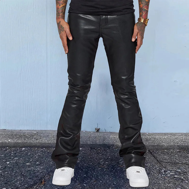 Fashion Men PU Leather Pants Vintage Slim Fit Straight Trousers Spring Autumn Casual Streetwear Skinny Long Pant Male 240816