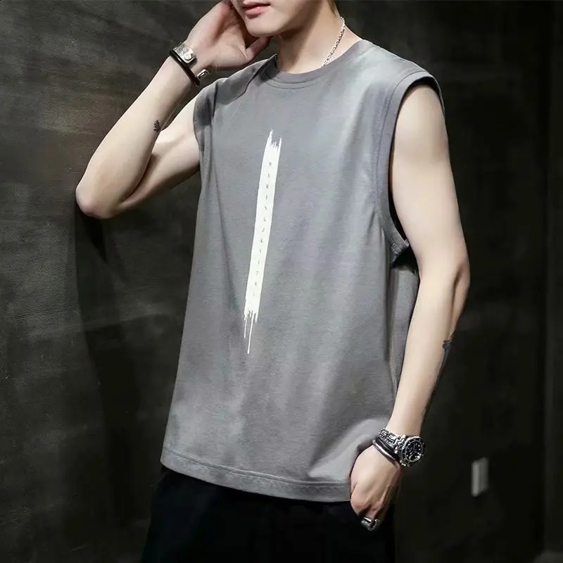 Womens sleeveless round neck T-shirt mens summer trend thin printed vest loose sports vest casual affordable top 240816