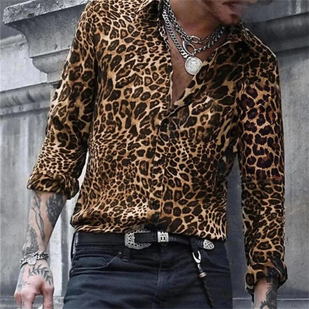 selling summer leopard print collar shirt for men street daily long sleeved button up fashionable mens clothing 240816