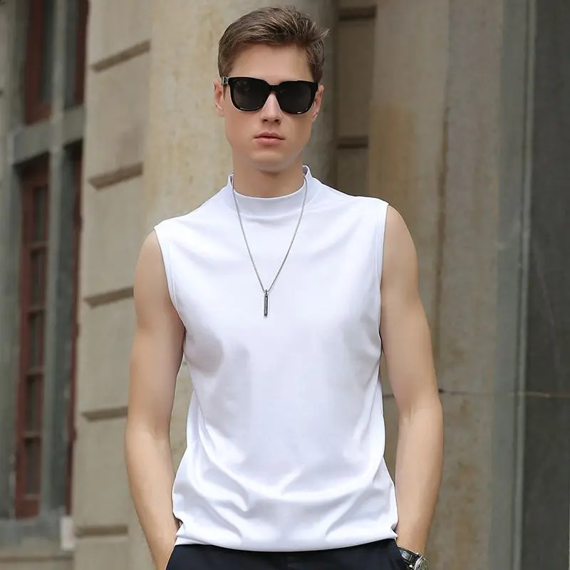 Mens patterned vest T-shirt high neck solid color sleeveless vest summer slim fit fitness sportswear top 240816