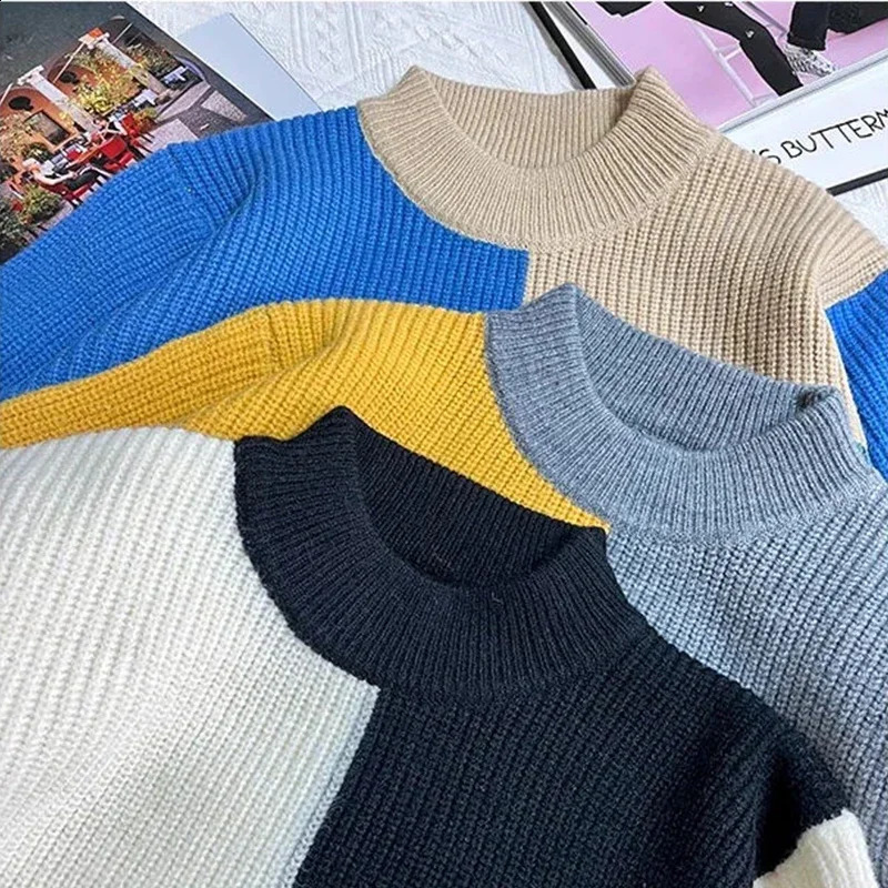 Mens Autumn and Winter Half High Neckline Color Blocking Fashion Versatile Pullover Base Shirt 240816