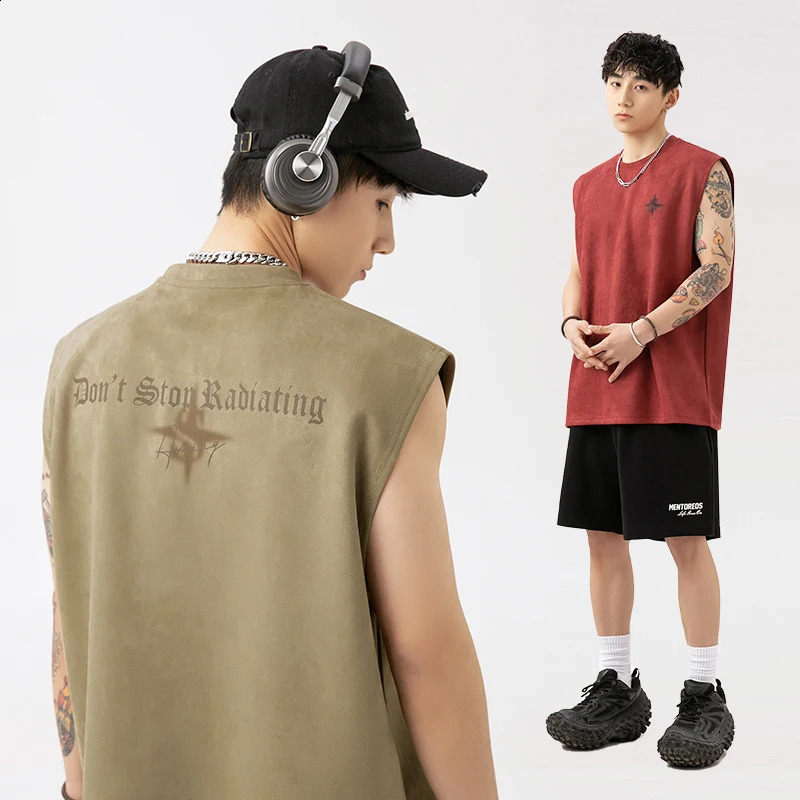 American letter pattern printed suede thin sports vest mens summer sleeveless T-shirt casual vest sleeveless vest 240816