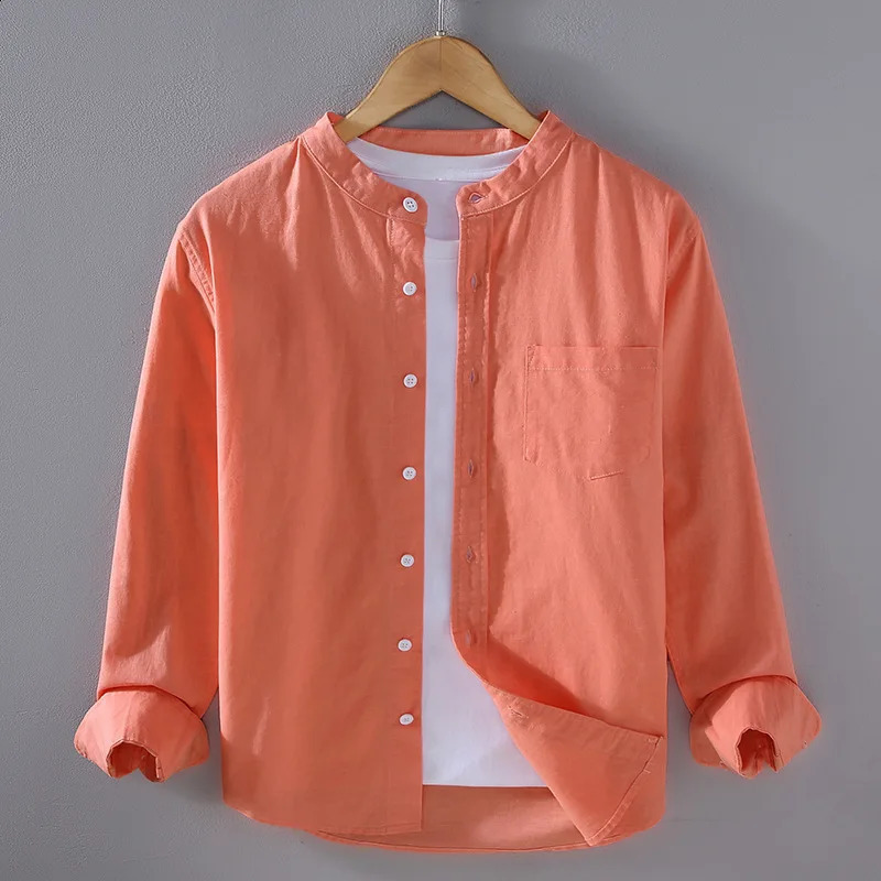 Japanese Mens Linen Cotton Thin Shirt Harajuku Stand Collar Long Sleeve Solid Color Shirts Male Casual Breathable Classical Tops 240816