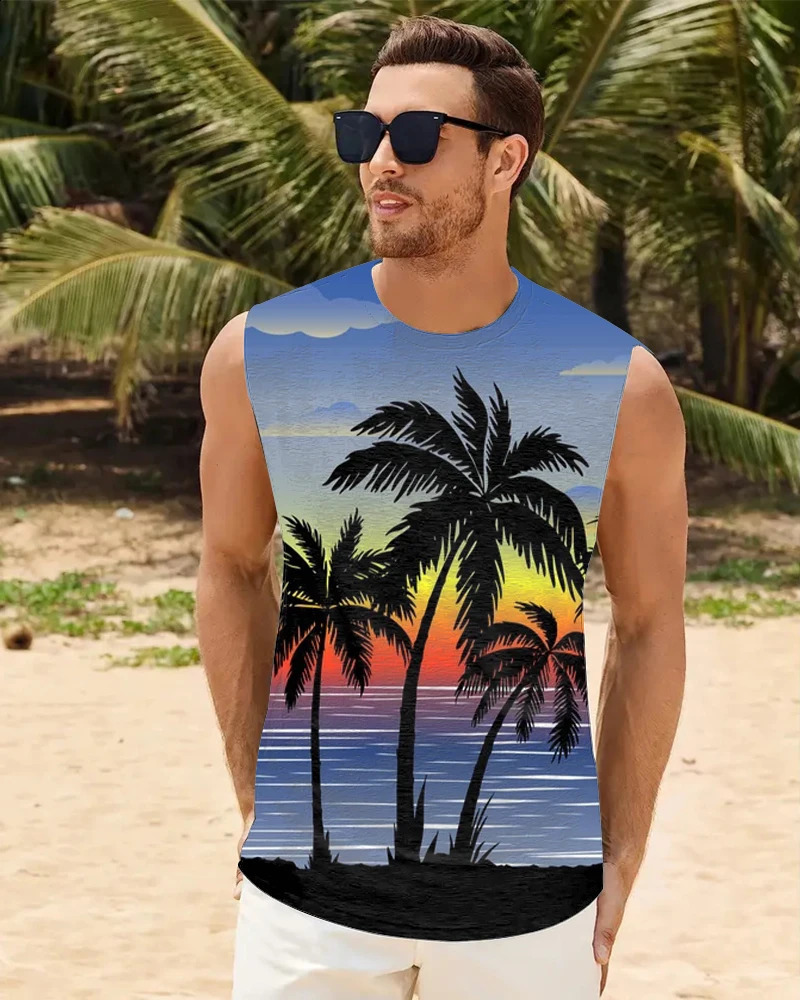 Hawaiian style mens vest summer casual mens sleeveless T-shirt seaside holiday beach party mens casual top 240816