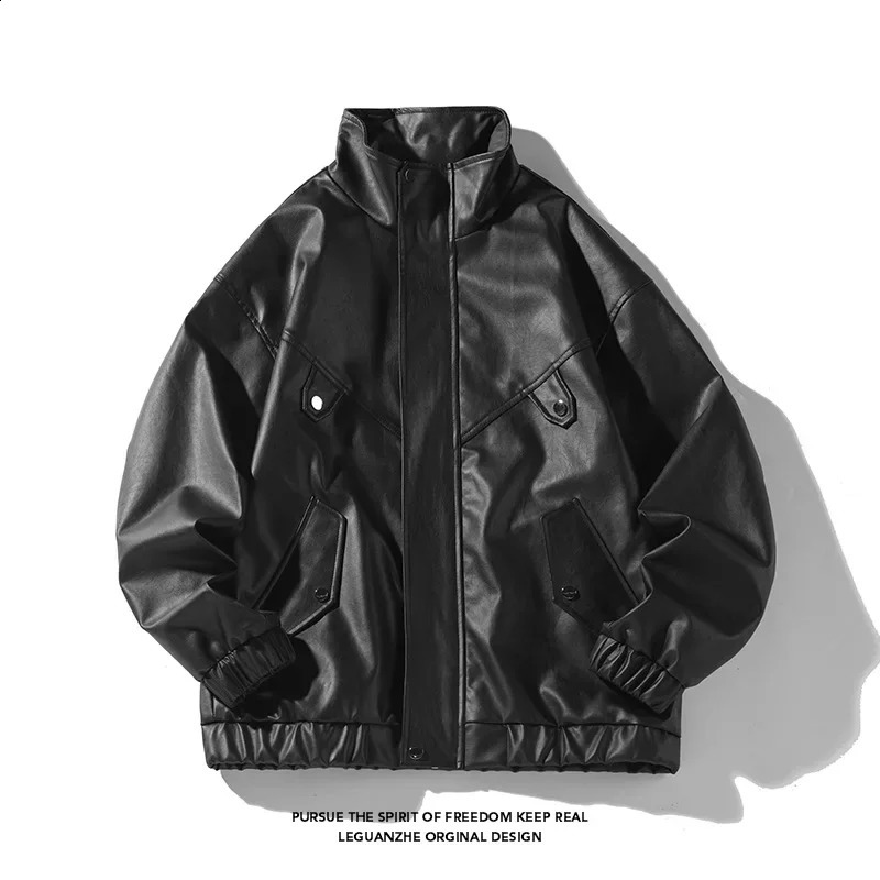 Spring and Autumn Leisure Motorcycle Leather Jacket Mens Street Solid Color Jacket Young Loose Leisure Jacket 240816