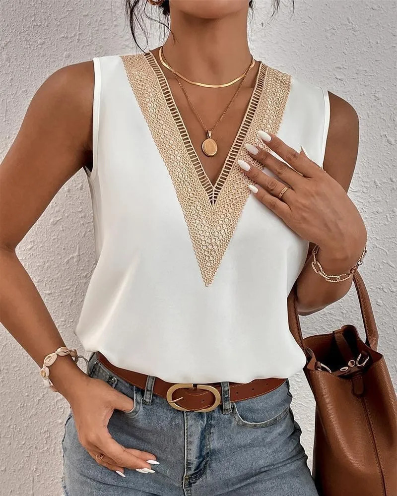Blusa Mujer Tendencia 2024 Womens Vneck Lace Shirt Sleeveless Casual White Shirts Blouses Blusas Para 240816