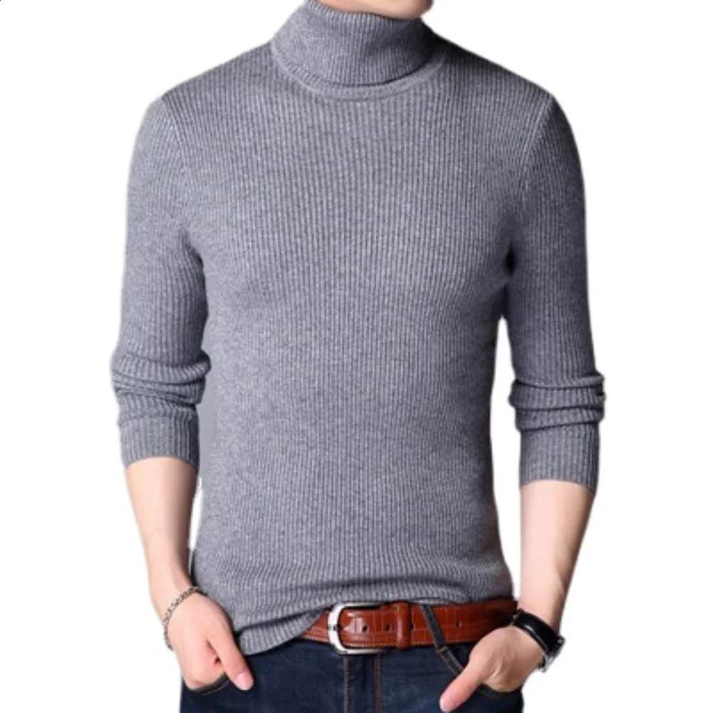 Slim Solid Color Turtleneck Sweater Mens Winter Warm Knit Classic Casual Bottoming Shirt 240816