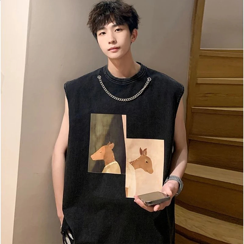 Fashionable O-neck patchwork printed casual sleeveless T-shirt for mens 2024 summer loose Korean top fully matched vest 240816
