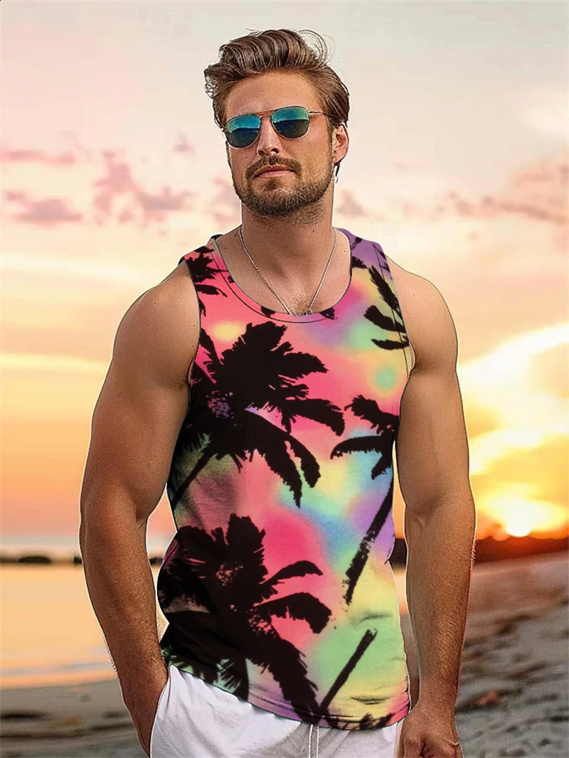 Tropical coconut tree 3D printed mens Hawaiian vacation beach party comfortable mens summer casual sleeveless T-shirt 240816