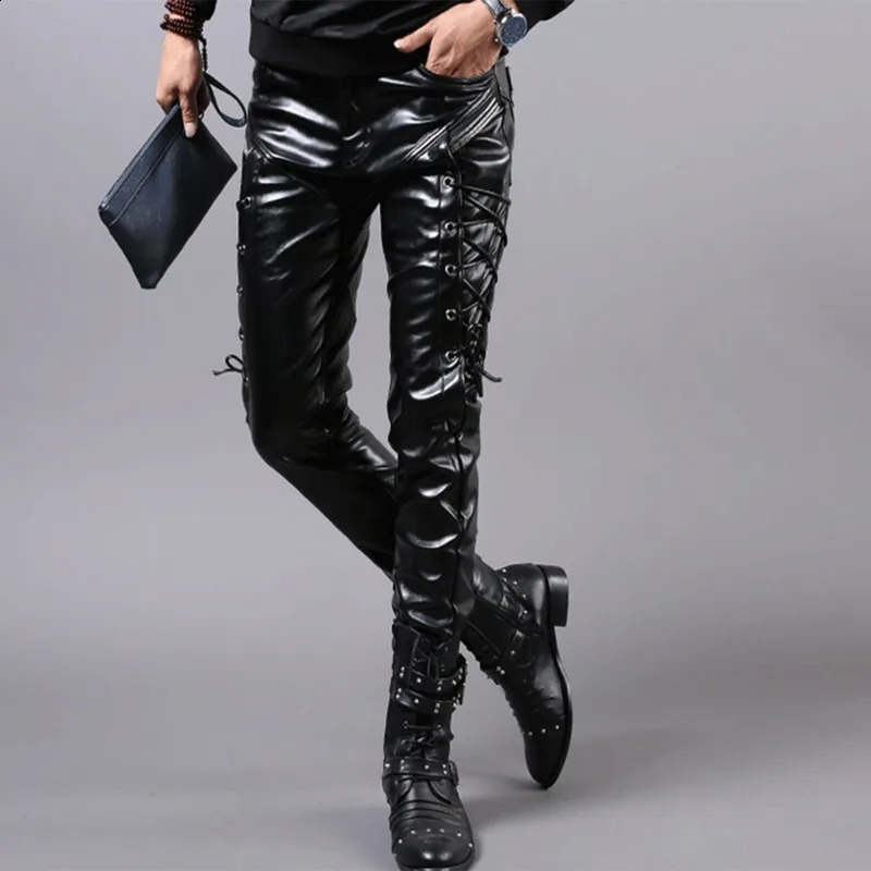Tie rope punk autumn and winter ultra-thin fit motorcycle fashionable mens hairstylist small foot PU patchwork leather pants 240816