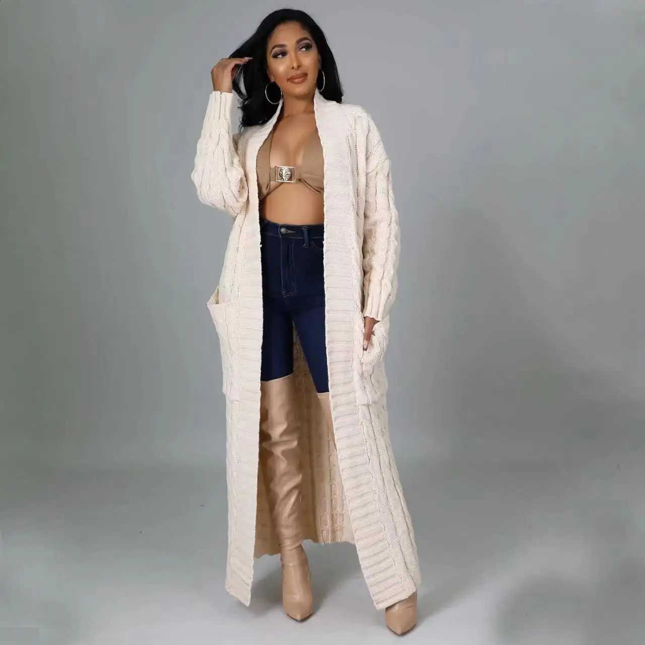 2024 Cardigan tricoté pour femme, veste longue, automne vert Crochet, manches longues, pull chaud, manteau blanc, automne 240813