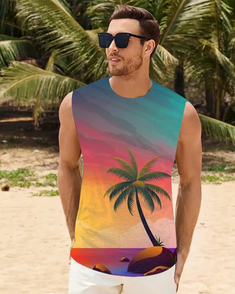 Summer casual mens vest Hawaiian mens vest Seaside casual party mens sleeveless T-shirt Coconut tree print 240816