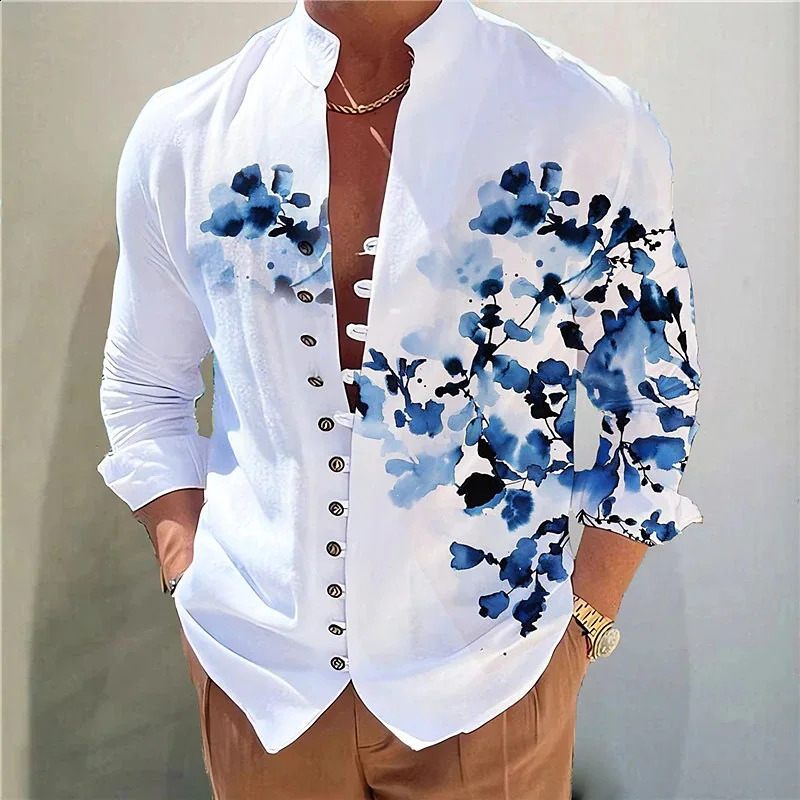 Vintage 3D Print Shirt Mens Collier de support à manches longues Lous Streetwear Spring Spring Automne Fashion Retro Shirts For Men 240816
