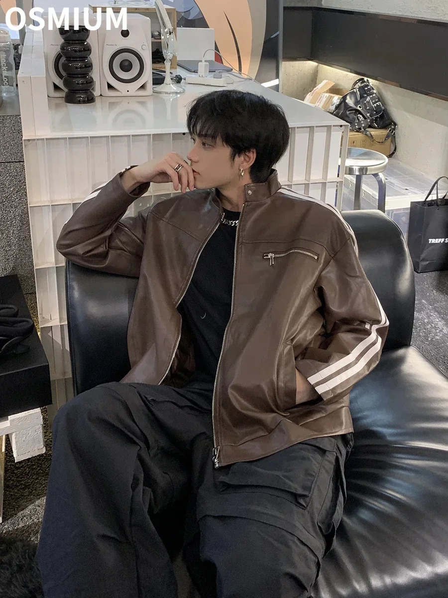 Men American Style Retro Striped Faux Leather Jacket Oversize Mens Spring Autumn High Quality Black Brown Motorcycle PU Coat XXL 240816