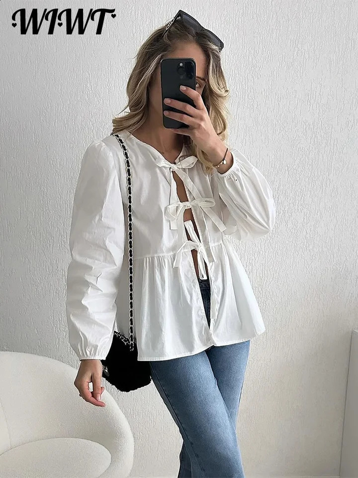 Leopard Print Lace Up Shirts Blouses Women Elegant Long Puff Sleeve Hollow Out Pleated Shirts 2024 Spring Summer Lady Chic Top 240814