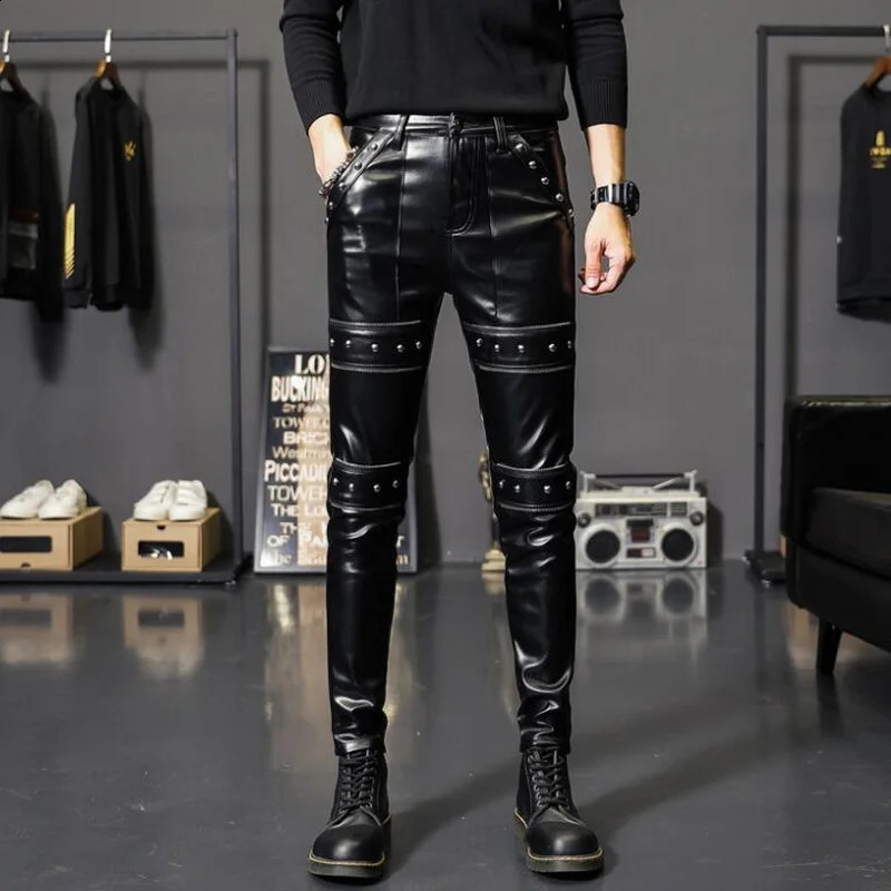 Pantalon en cuir rivet personnalisé pour hommes pantalon serré laine ultra fine pour hommes jeunes pantalon en cuir artificiel noir 240816