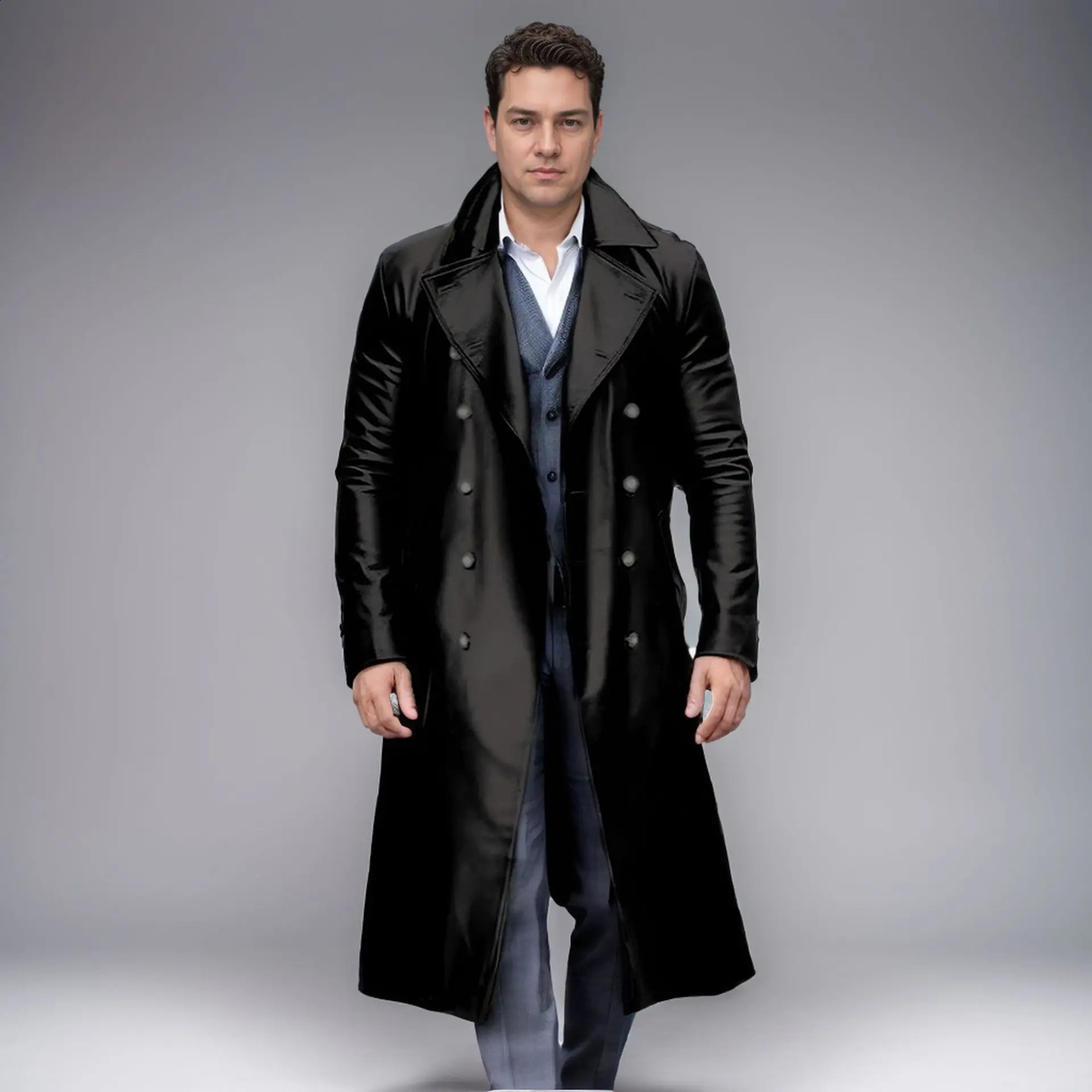 Mens Trench Double Chest Pocket Jacket Retro Leather Jacket Long Sleeve Mens Medieval Jacket PU Gothic Jacket 240816