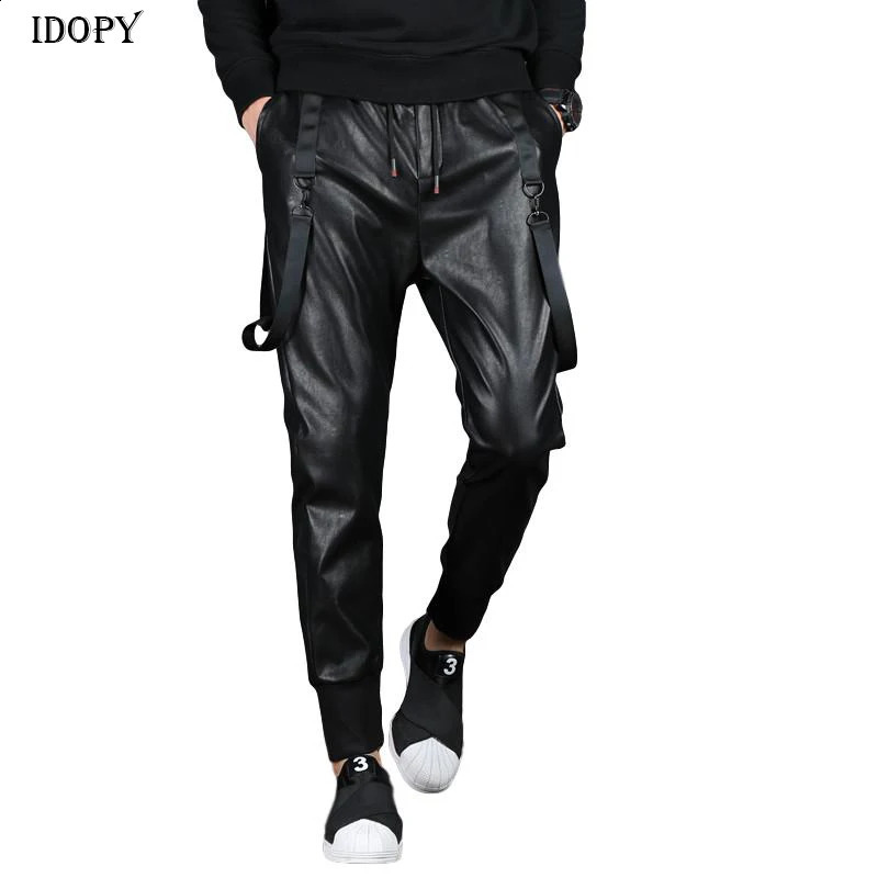 Idopy Mens Street Artificial Leather Jogger Harem Pants Hip Hop Ankle Cuffs Elastic Waist Brushed PU Jogger Mens 240816