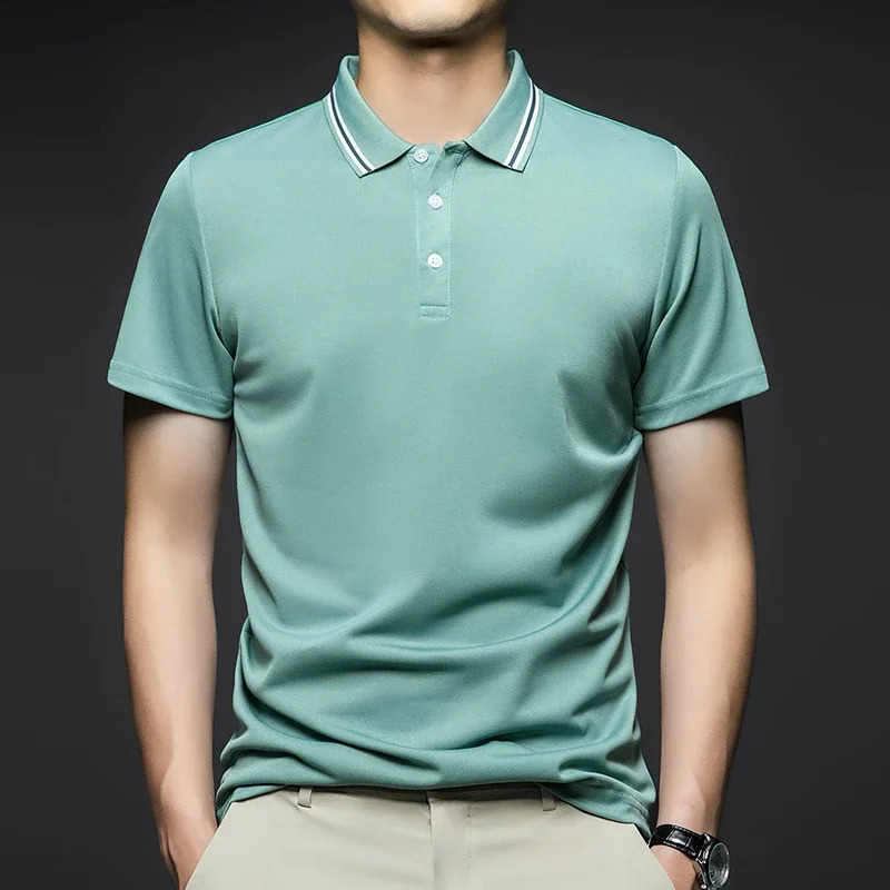 Mens Fashion Solid Short Sleeved Striped Lapel Polo Shirt Summer Breathable Comfortable Top 240823