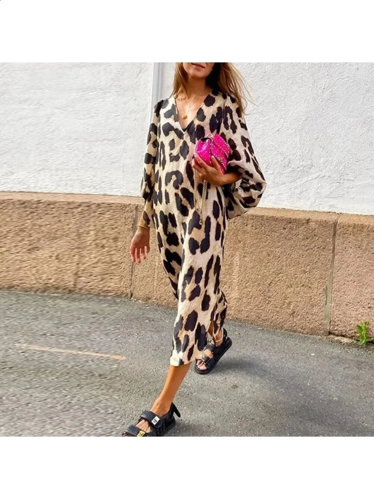 Womens S2XL size long Vneck loose lantern sleeve leopard print dress skirt maxi dresses for women bodycon 240816