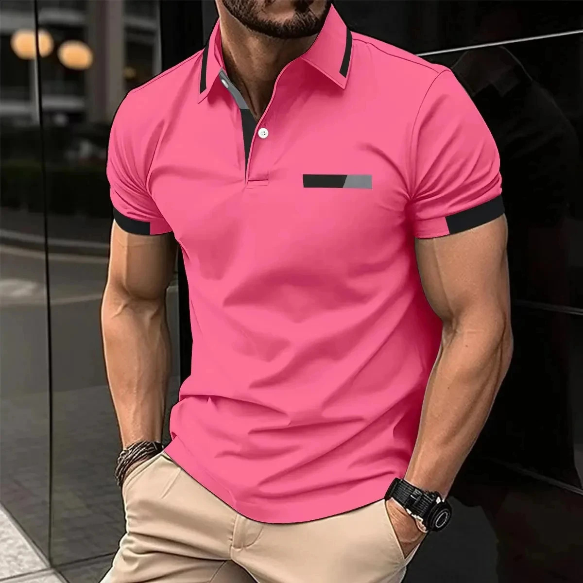 Summer mens casual short sleeved polo shirt with solid color collar fashionable business sports breathable T-shirt top 240816