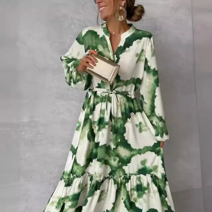 Womens Long sleeve dress With Fashionable Floral print Vneck and Adjustable Waist Size Aline casual wear 240816