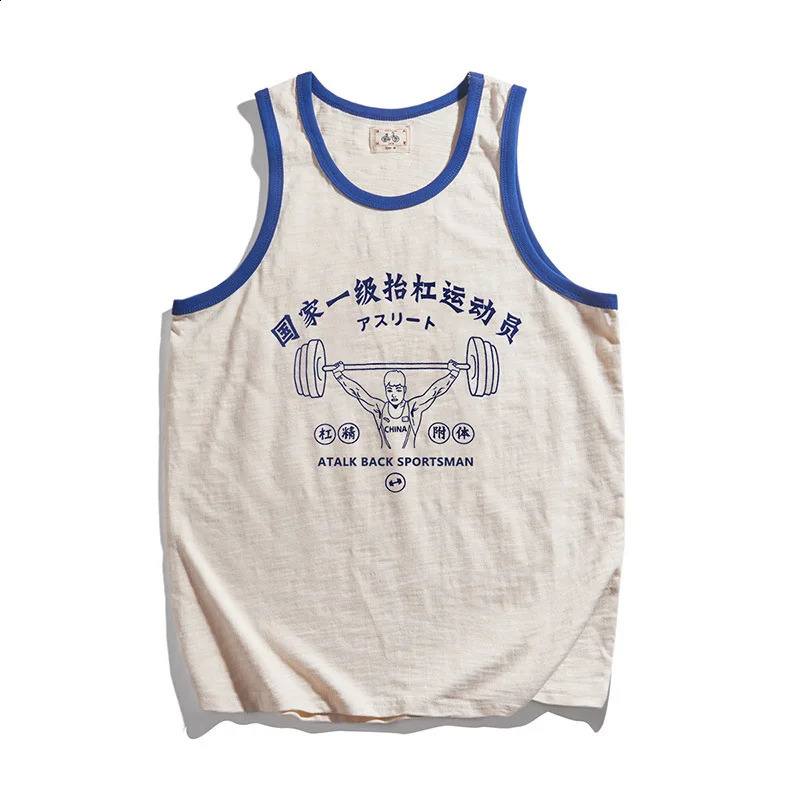 Summer Chinese letter printed mens vest retro O-neck patch workwear breathable sleeveless waist shirt fitness loose T-shirt 240816