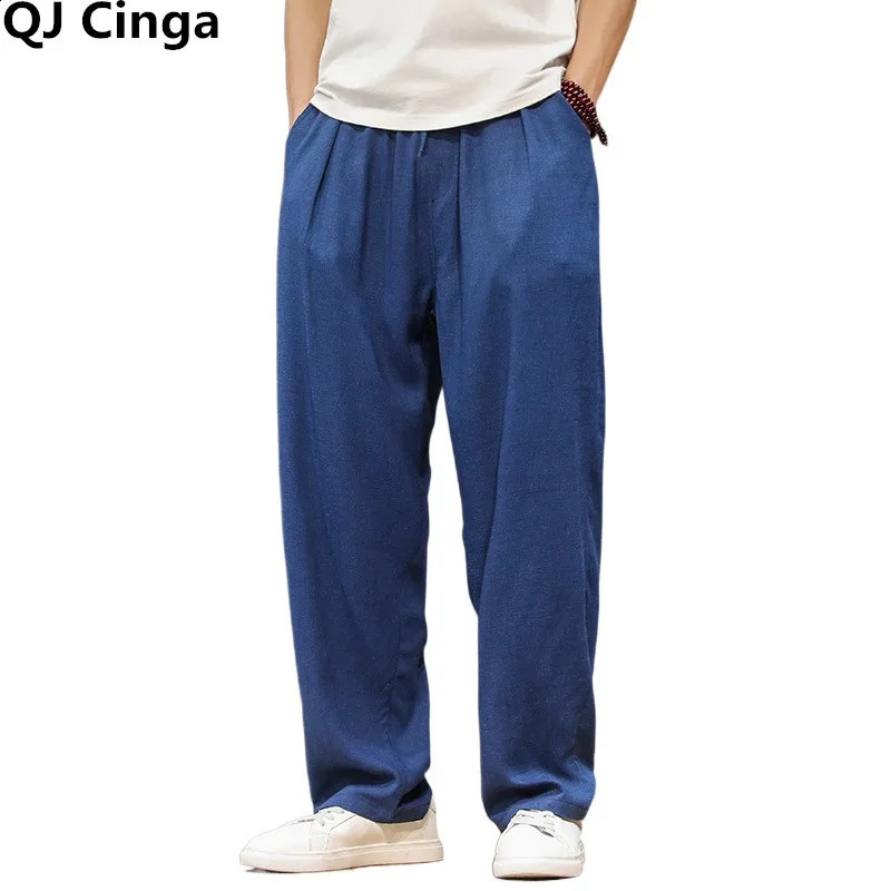 Pantalon de lin en coton pour hommes en été minces minces lâches plus taille pantalon en dentelle bleu gris noir beige sport pantalon szie s-5xl