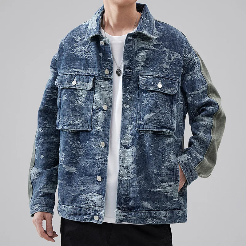 Retro Japanese jacket mens plus size fashion stitching washed street trend loose lapels Y2K denim clothes 240823