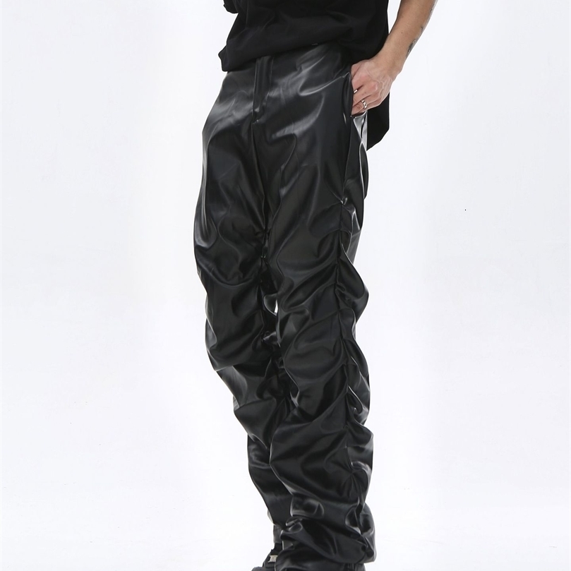 Pantalon en cuir Pu Hip-Hop Mens Retro Pantalon en cuir noir plissé pour la rue Pantalon Cuir Cal A Masculina 240816