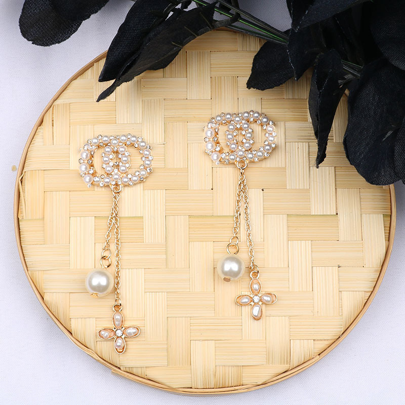 Simple Gold Plated 925 Silver Luxury Double Letter Stud Geometric Famous Women Crystal Rhinestone Pearl Tassel Long Earring Designers Jewelry Acc
