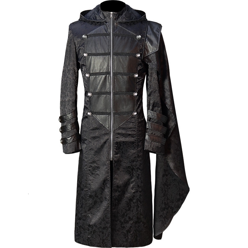 PU leather patch work Gothic punk trench coat long jacket mens medieval retro hoodie Halloween role-playing costume 240816