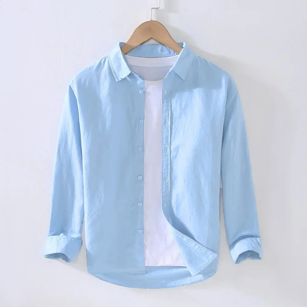 Autumn Mens Breathable Shirt Casual Turn Down Collar Beach Cotton Linen Men Male Long Sleeve Solid Hawaiian Shirts 240816
