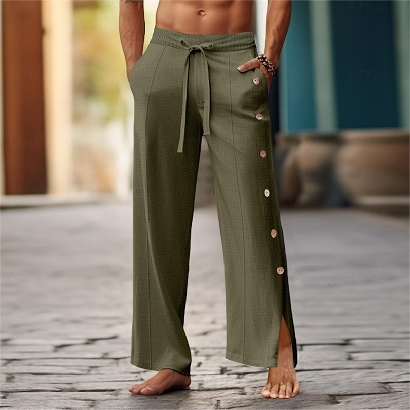 Retro side button cotton linen pants mens summer beach casual breathable loose straight pants mens fashionable drawstring pants 240816
